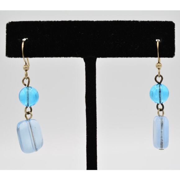 Vintage Small Beaded Dangle Earrings Multi-Tone Blue Lucite Silver Tone 1990s 9D - Picture 1 of 12